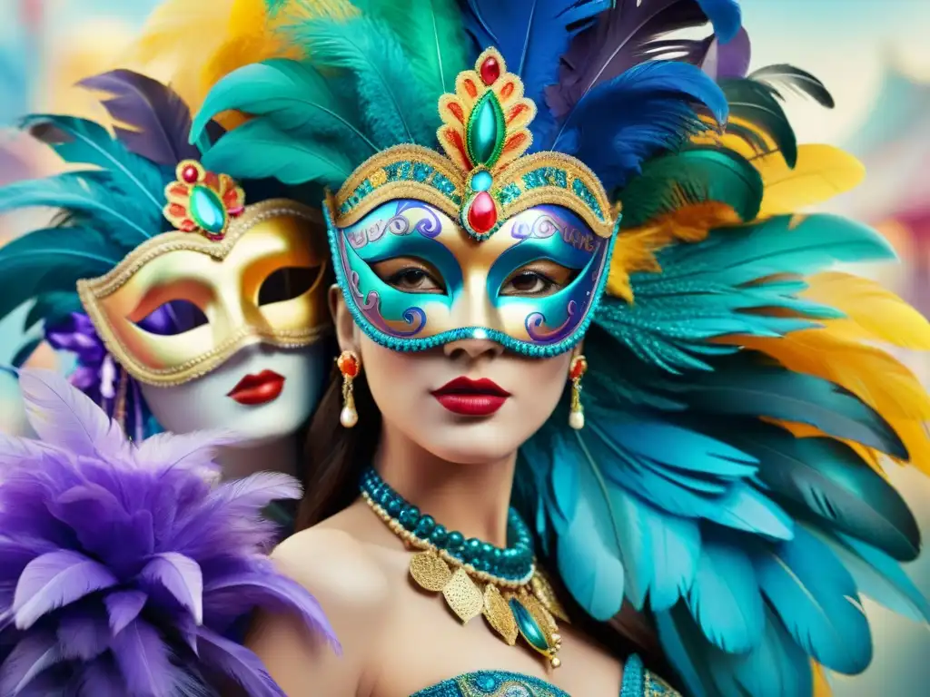 Una ilustración acuarela vibrante de accesorios originales para Carnaval: máscaras de plumas, collares de cuentas, tocados brillantes y abanicos ornamentados, en una paleta de colores festiva