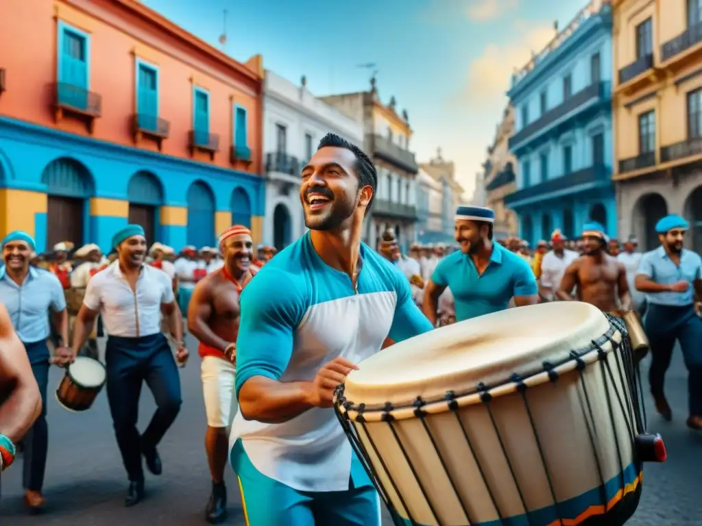 Una vibrante ilustración en acuarela de una animada procesión de Candombe tradición uruguaya reconocida serpenteando por las calles de Montevideo