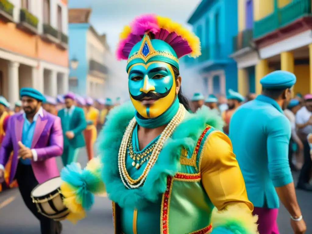 Una vibrante ilustración de acuarela que representa un animado desfile de Carnaval en Uruguay, con bailarines, músicos y coloridas carrozas