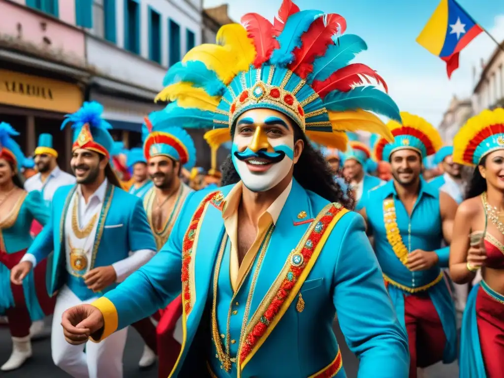 Una ilustración vibrante en acuarela de un animado desfile de carnaval en Uruguay, destacando comparsas intrincadamente diseñadas con trajes coloridos, tocados elaborados y bailarines enérgicos moviéndose al ritmo de la música tradicional uruguaya