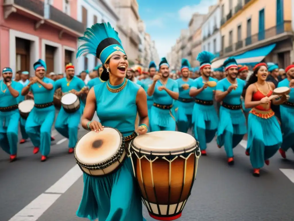 Una vibrante ilustración en acuarela de un animado desfile de Candombe en Montevideo, Uruguay