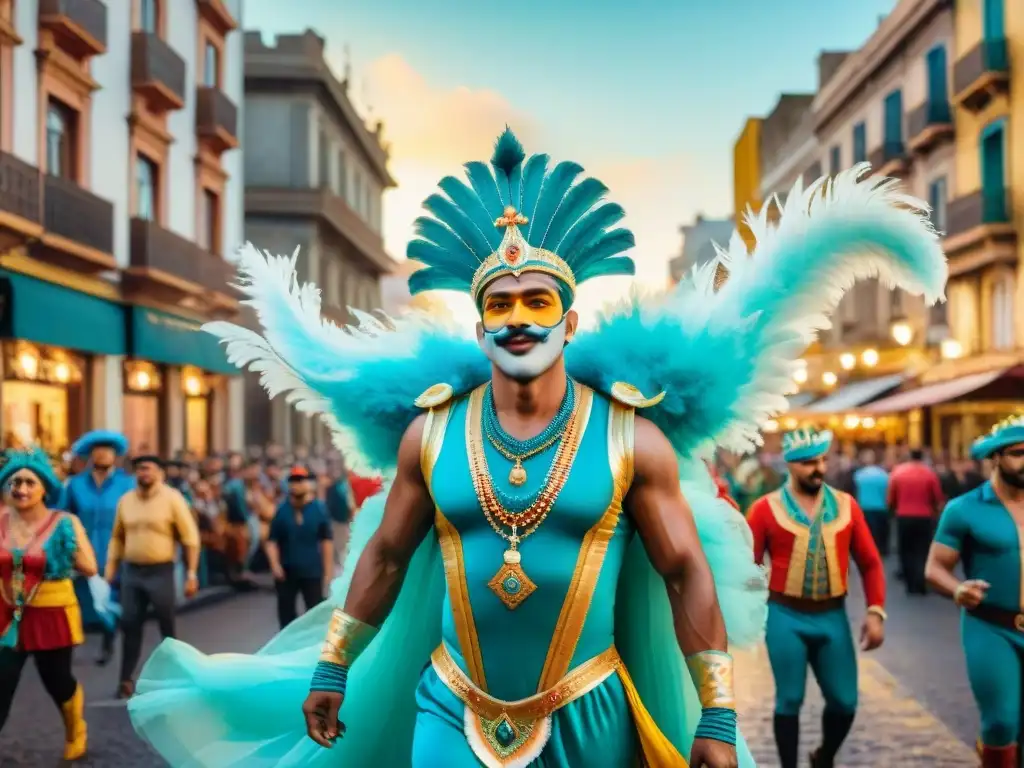 Una ilustración vibrante en acuarela de un bullicioso desfile de Carnaval en Montevideo, con carrozas decoradas, bailarines y espectadores disfrutando