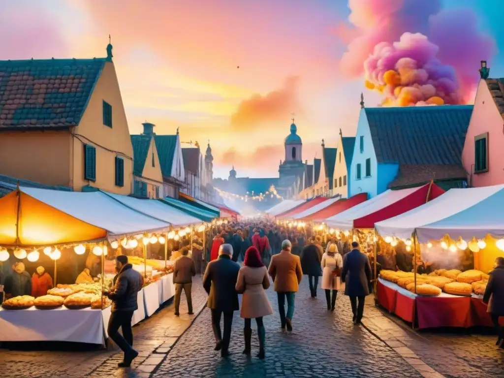 Carnaval en Uruguay: Festín de colores y sabores tradicionales Una ilustración vibrante en acuarela de una calle tradicional uruguaya durante el Carnaval, llena de puestos de comida coloridos sirviendo platos icónicos como asado, choripán, empanadas y churros