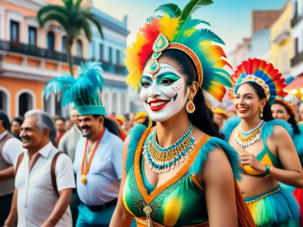 Ilustración vibrante en acuarela de Carnaval Uruguayo promueve inclusión social con diversidad de personas disfrutando el desfile colorido