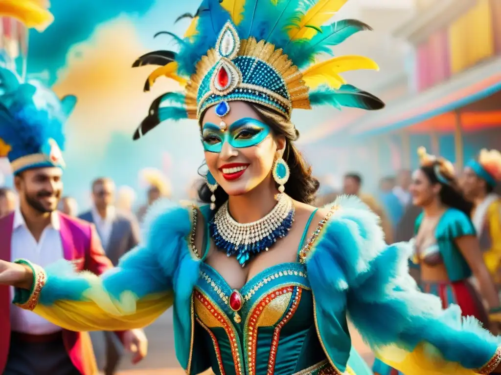 Una ilustración vibrante en acuarela de elegantes asistentes al carnaval en trajes tradicionales uruguayos, hechos con materiales sostenibles