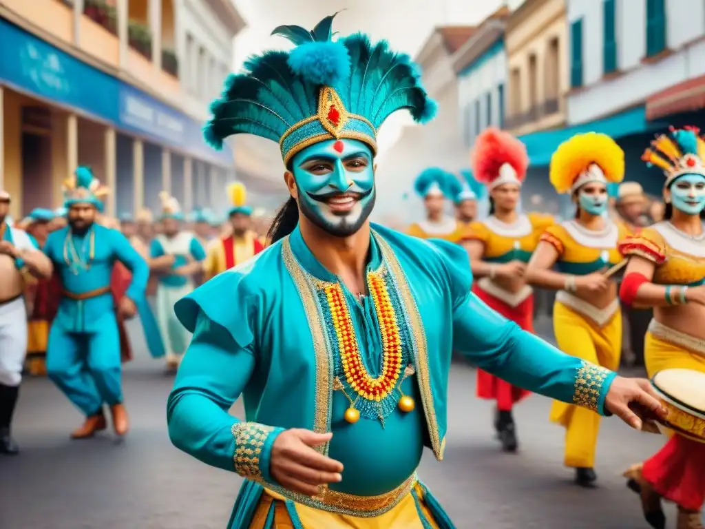 Una ilustración vibrante en acuarela que captura la esencia del Carnaval Uruguayo fusionando tecnologías fotográficas en un ambiente festivo