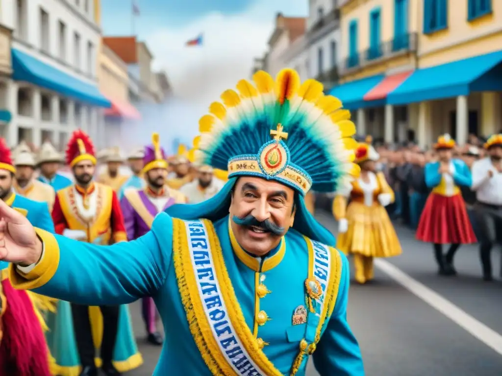 Una ilustración vibrante en acuarela de líderes políticos clave en Uruguay, vestidos con trajes de carnaval coloridos y elaborados