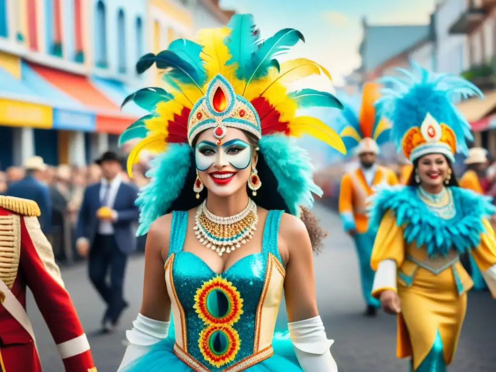 Una ilustración vibrante en acuarela que muestra la evolución de los trajes de vedettes en la historia del Carnaval de Uruguay