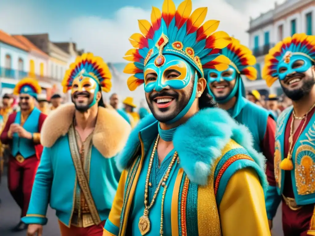 Vibrante ilustración acuarela de alegres viajeros en el Carnaval Uruguayo, destacando la importancia del seguro viaje