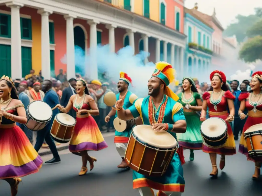 Una vibrante ilustración acuarela de un animado desfile de Carnaval, con música, danza y la importancia económica de esta festividad cultural