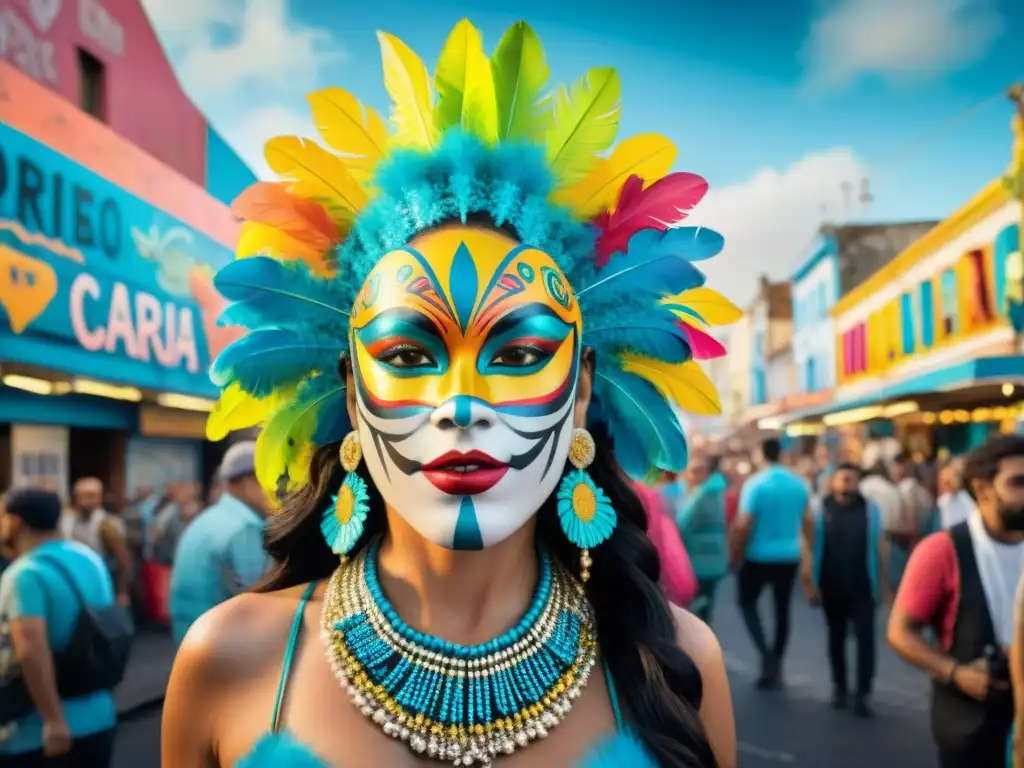 Vibrante arte callejero del Carnaval Uruguayo: grafitis coloridos y personajes en una esquina bulliciosa