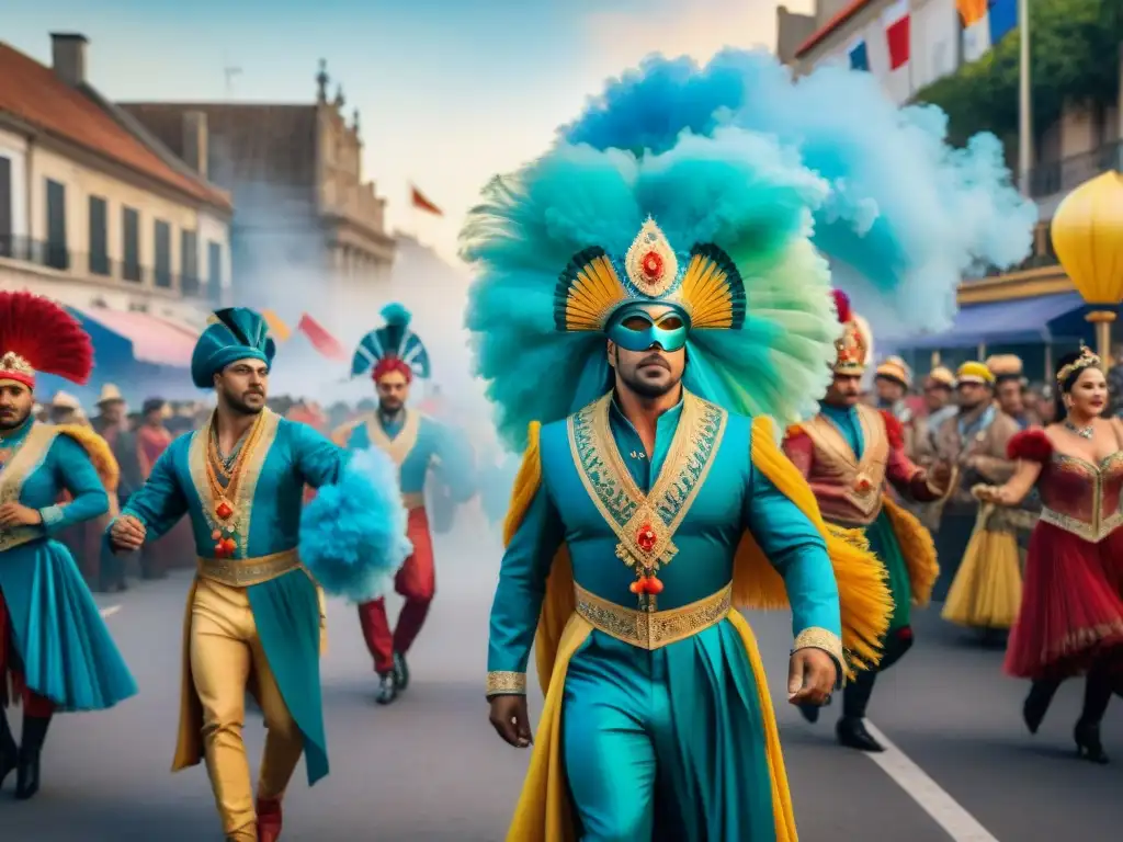 Vibrante ilustración acuarela de artistas con diseño de vestuario Carnaval Uruguayo