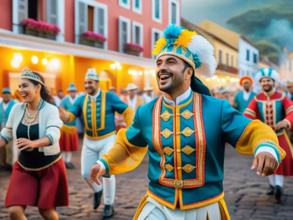 Una vibrante ilustración acuarela de artistas en trajes tradicionales del Carnaval Uruguayo, celebrando entre edificaciones coloniales