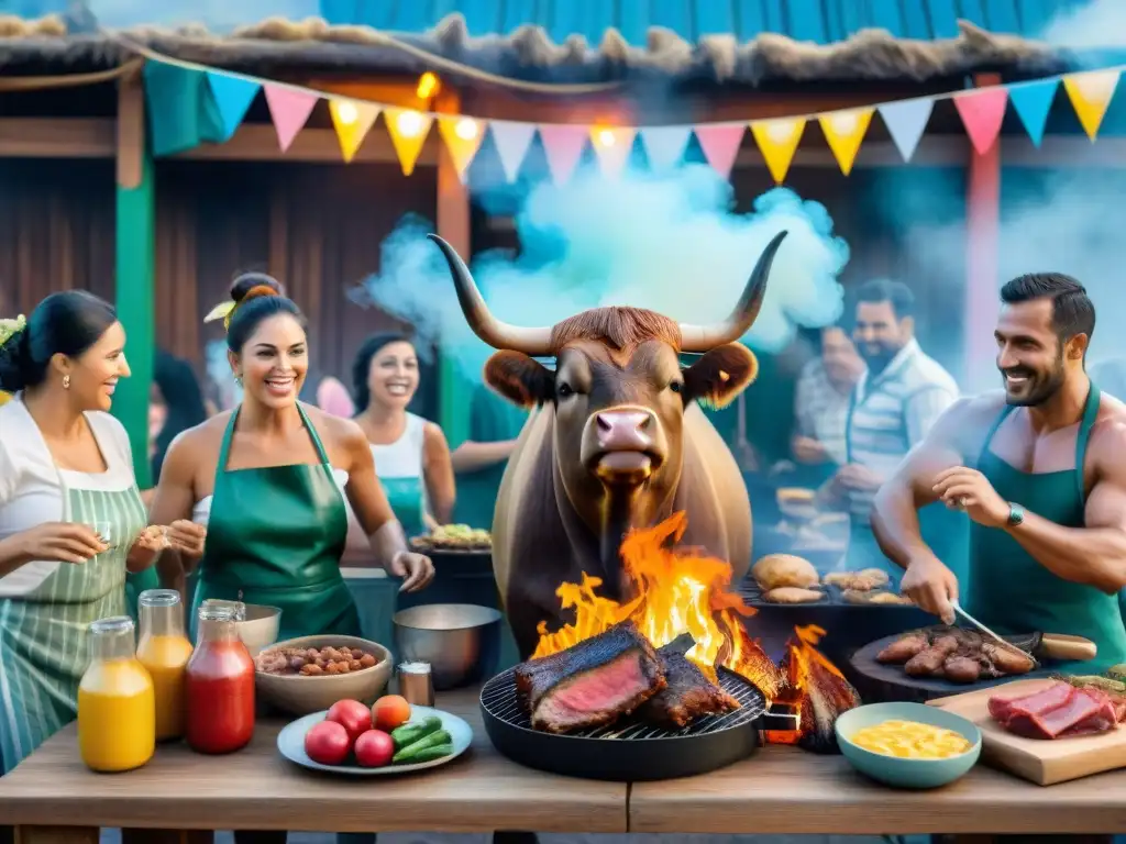 Vibrante Asado con Cuero tradicional Uruguayo en el Carnaval, fusionando cultura y tradición