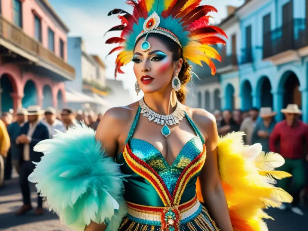 Un vibrante bailarín de comparsa en traje tradicional del Carnaval Uruguayo, capturado en movimiento en una calle de Montevideo