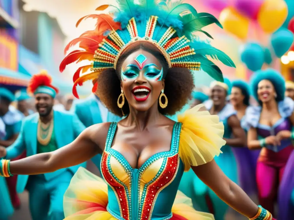 Una ilustración acuarela vibrante de bailarines alegres en trajes coloridos en el Carnaval