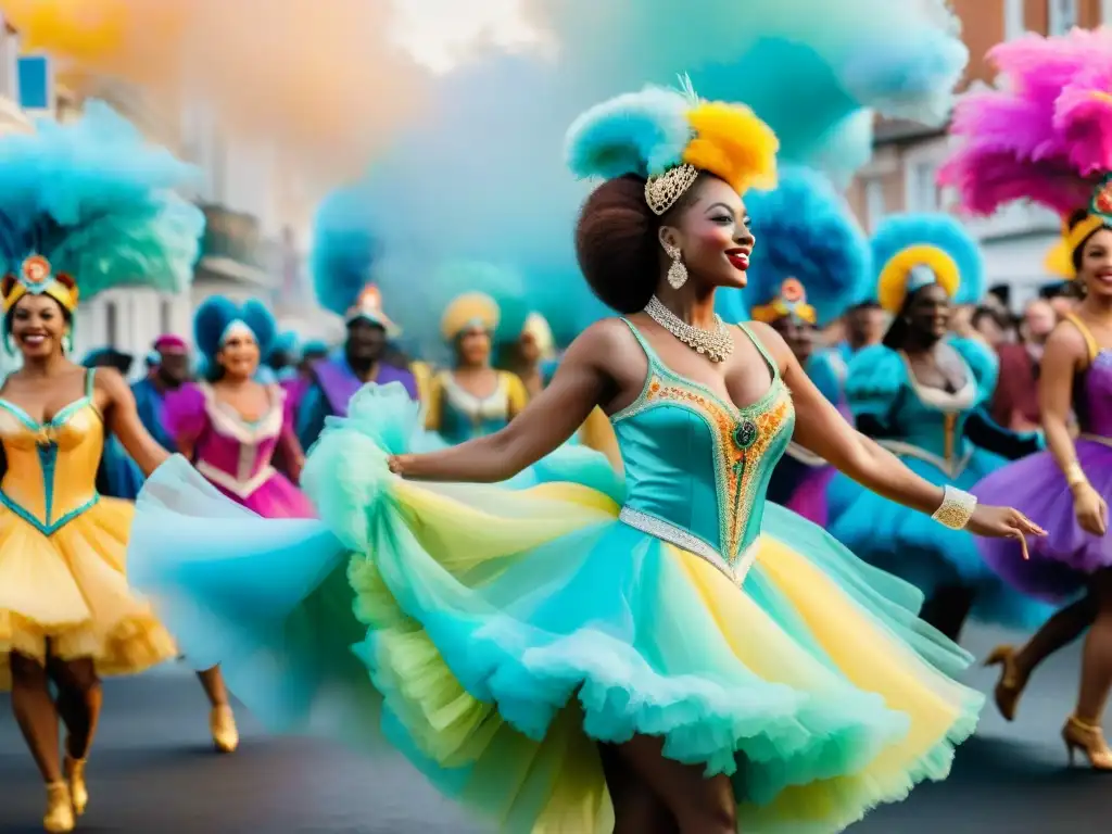 Una ilustración acuarela vibrante de bailarines en trajes de Carnaval, celebrando con técnicas avanzadas de danza