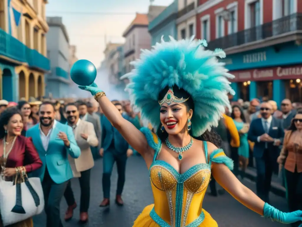 Una vibrante ilustración acuarela de un bullicioso Carnaval en Montevideo, Uruguay