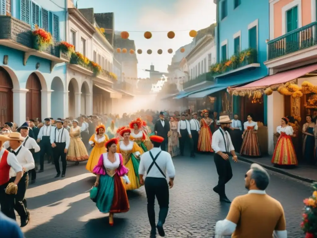 Una vibrante ilustración acuarela de un bullicioso carnaval en Uruguay