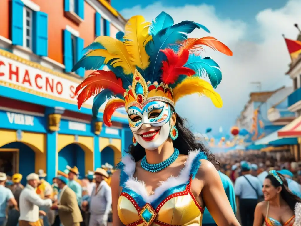 Una ilustración vibrante de un bullicioso desfile durante el Carnaval en Uruguay, con trajes coloridos, música animada y vistosos carros alegóricos