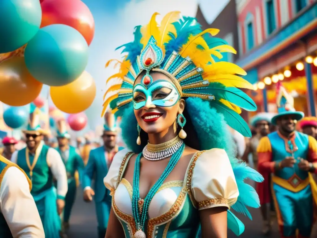 Una vibrante ilustración acuarela de un bullicioso desfile de Carnaval con paletas de colores para Carnaval