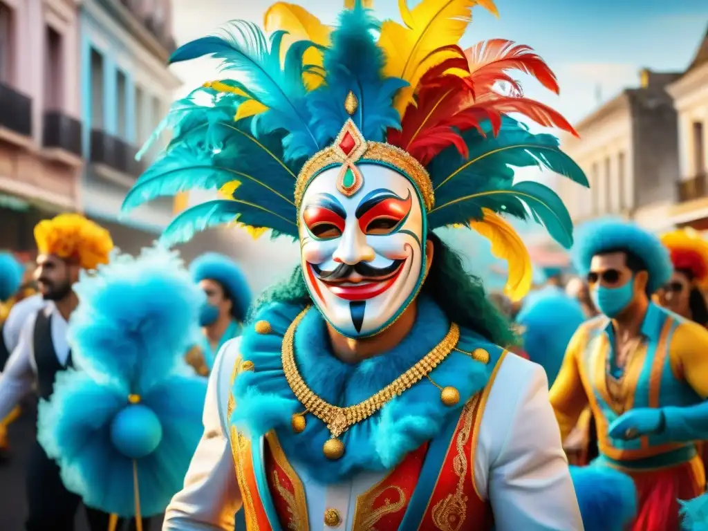 Vibrante ilustración acuarela del bullicioso desfile de Carnaval en Uruguay, con coloridas carrozas y danzantes en trajes elaborados