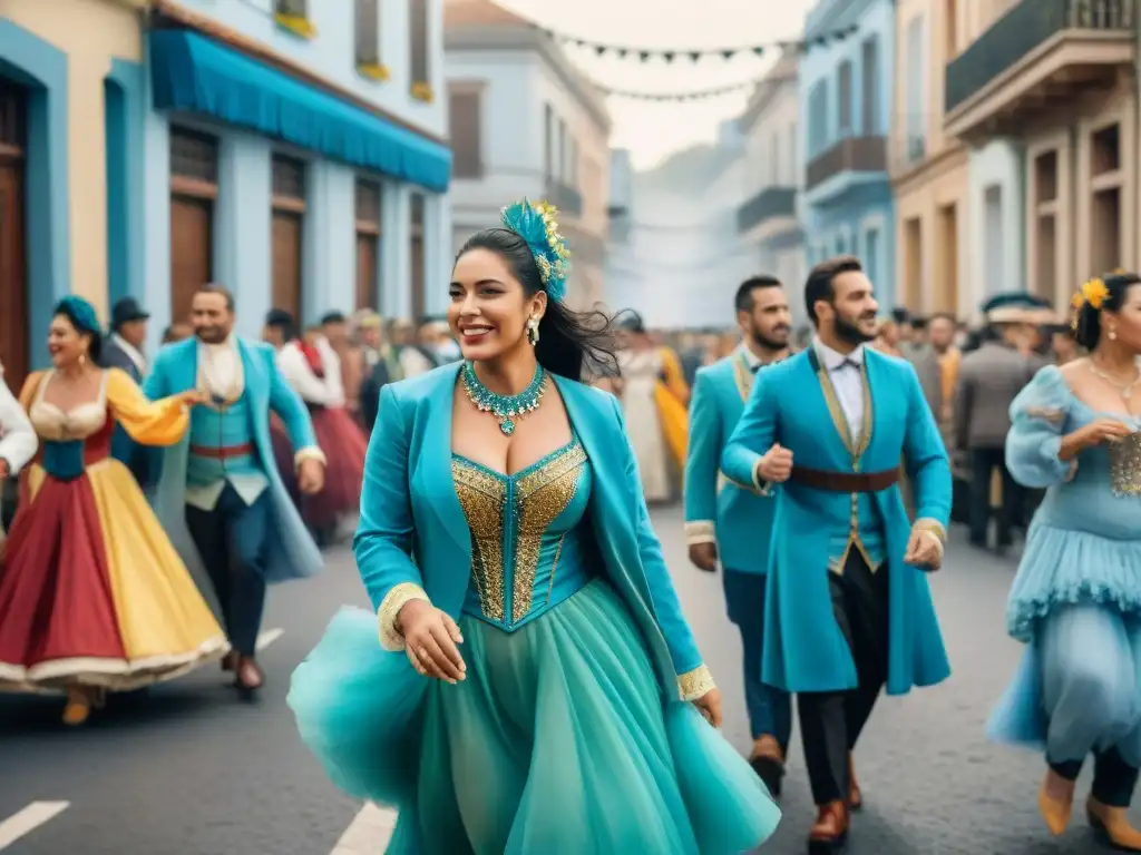 Una ilustración acuarela vibrante de una calle bulliciosa durante el Carnaval en Uruguay, mostrando el impacto social del Carnaval Uruguayo