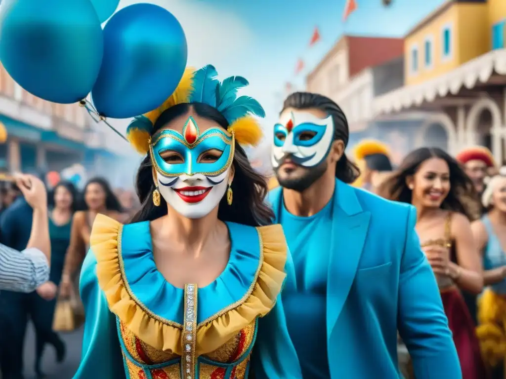 Vibrante calle en Carnaval Uruguayo, con disfraces coloridos y danzas alegres