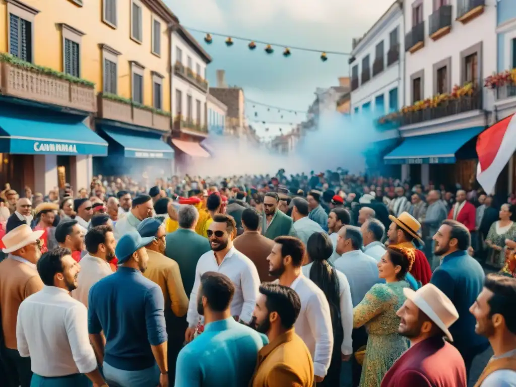 Vibrante calle del Carnaval Uruguayo con desfiles coloridos y patrocinios exitosos