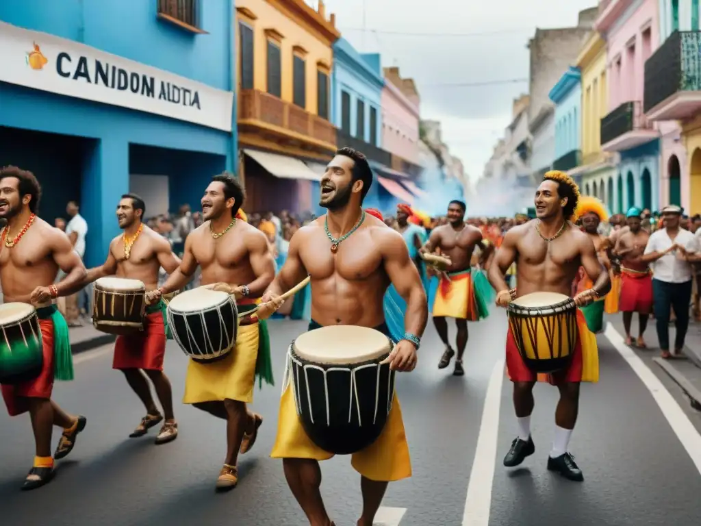 Una vibrante calle de Montevideo durante un desfile de Candombe