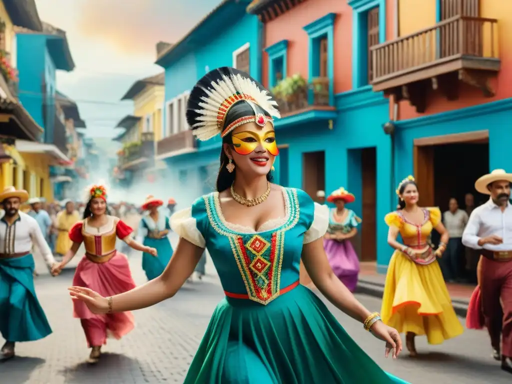 Una vibrante calle de Colombia durante Las Llamadas, resaltando trajes tradicionales y arquitectura