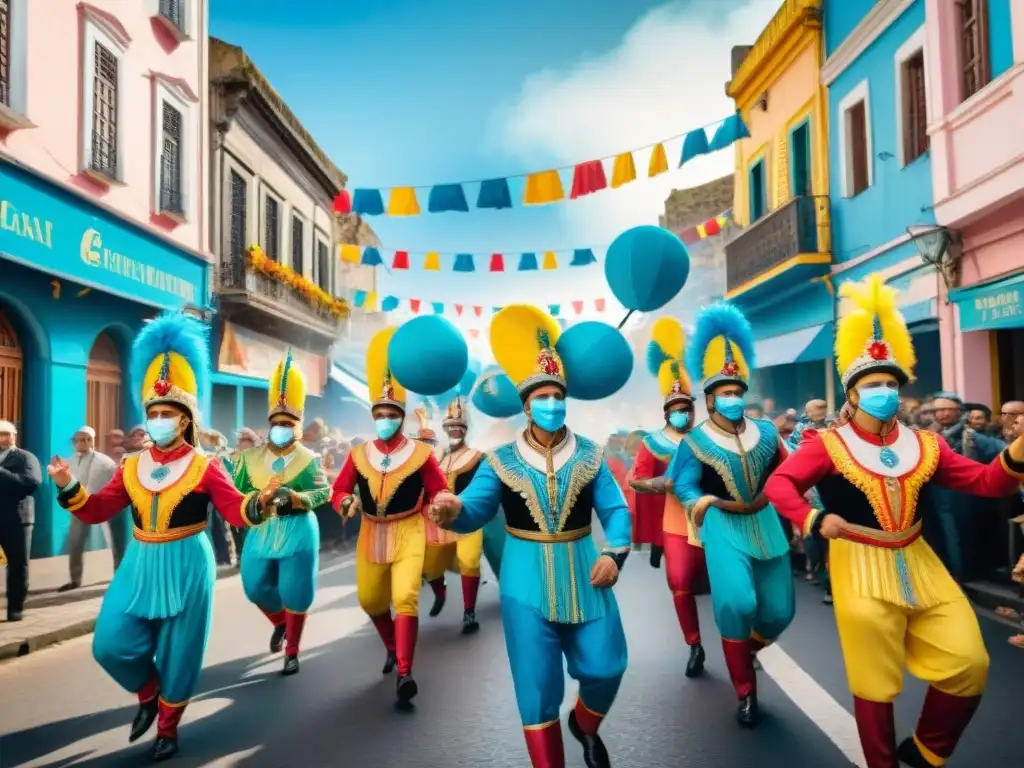 Una vibrante calle llena de entusiastas del carnaval uruguayo, con edificios tradicionales y coloridos adornos