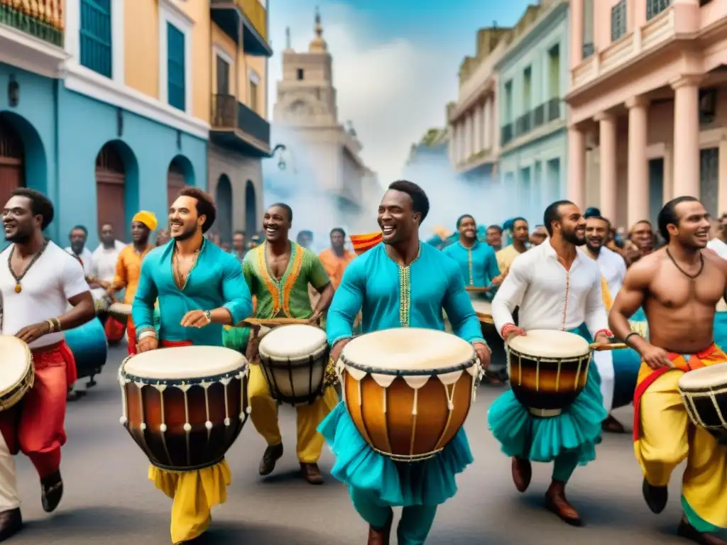 Vibrante candombe afrouruguayo en las calles de Montevideo siglo XIX: esclavos africanos danzan y tocan tambores, historia del candombe afrouruguayo