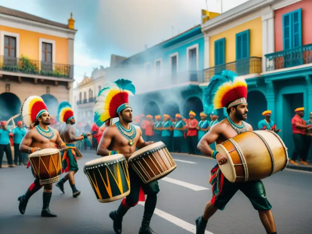 Vibrante Candombe en Carnaval Uruguayo: grupo de tambores y bailarines en desfile colorido