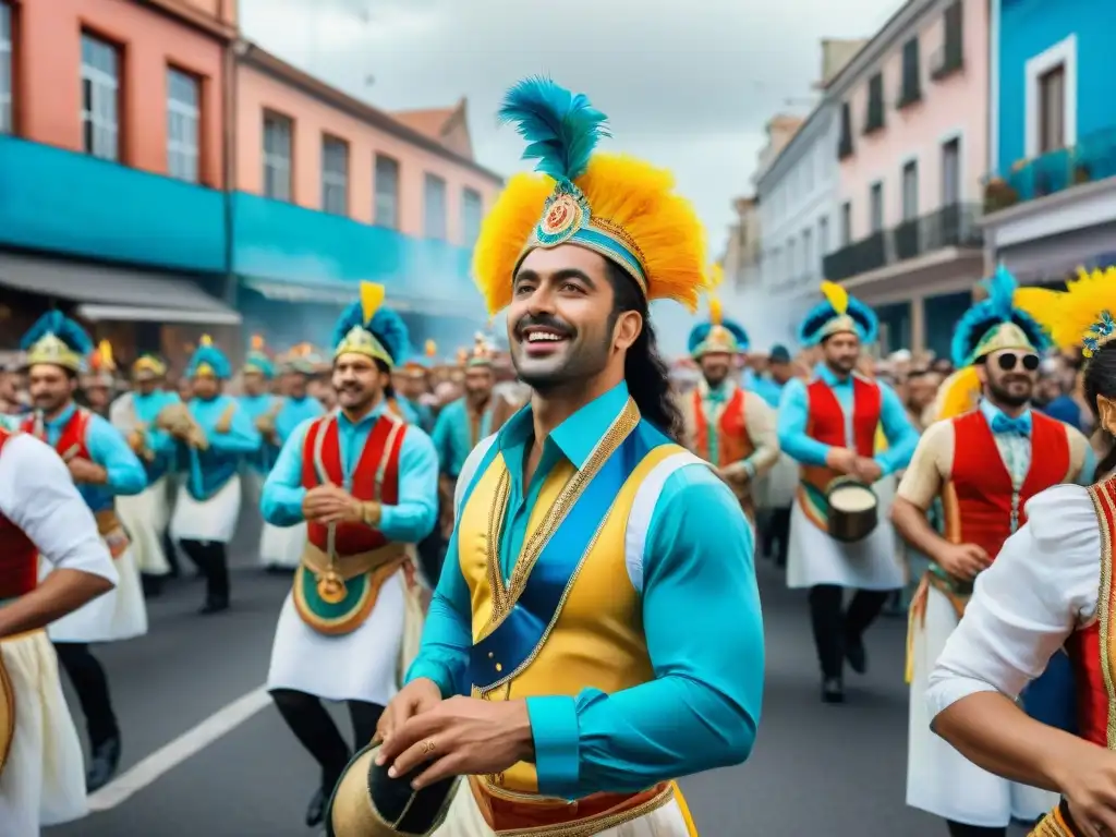 Una ilustración acuarela vibrante captura emociones en el Carnaval Uruguayo: desfiles, música, colores y alegría en las calles