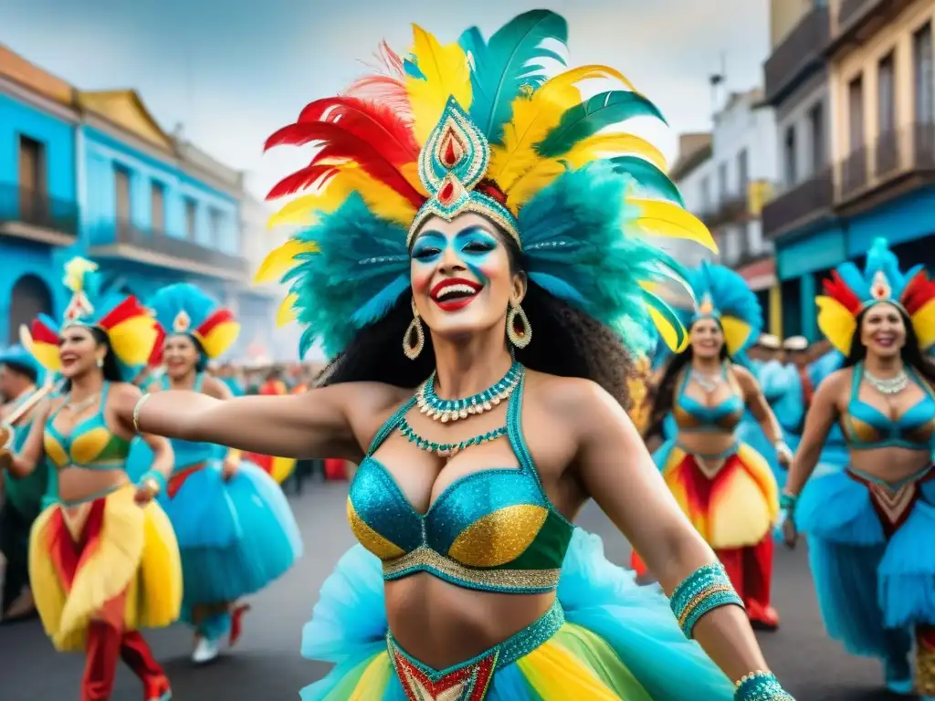 Vibrante ilustración acuarela del Carnaval en Uruguay