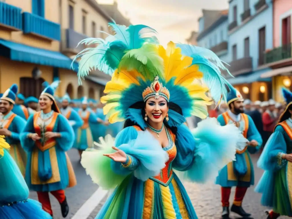 Vibrante ilustración acuarela del Carnaval en Uruguay