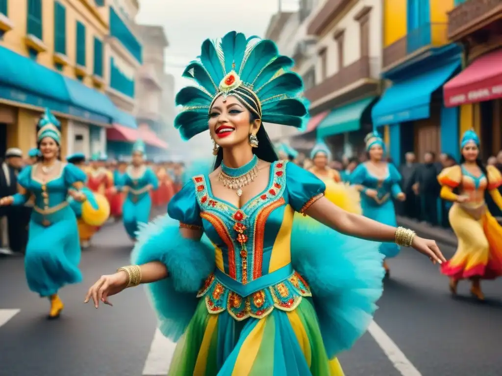 Vibrante ilustración acuarela del Carnaval en Montevideo