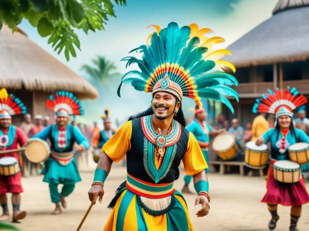 Celebración vibrante de Carnaval en una aldea indígena, con trajes coloridos y danzas alegres