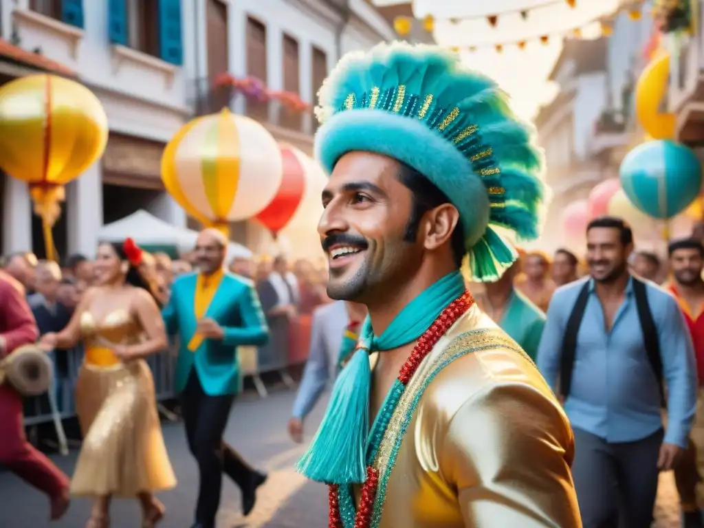 Vibrante ilustración acuarela del Carnaval en Uruguay con música, colores y alegría