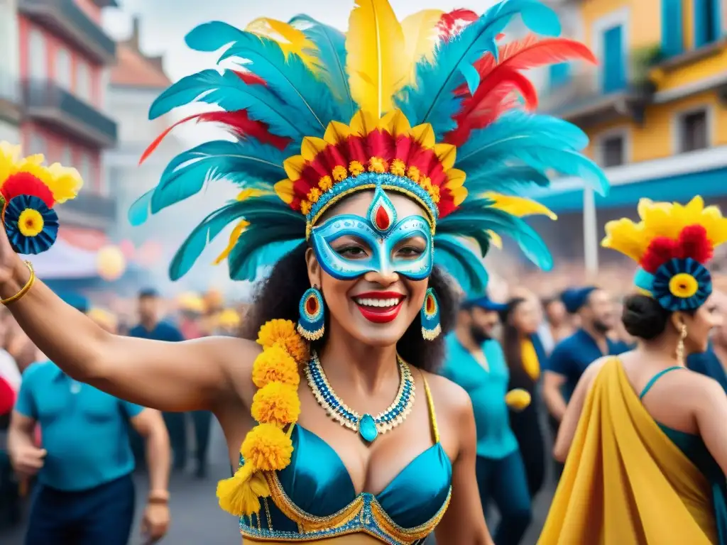 Vibrante Carnaval en Uruguay: artistas con trajes elaborados y máscaras, colores intensos, alegría y energía en desfile