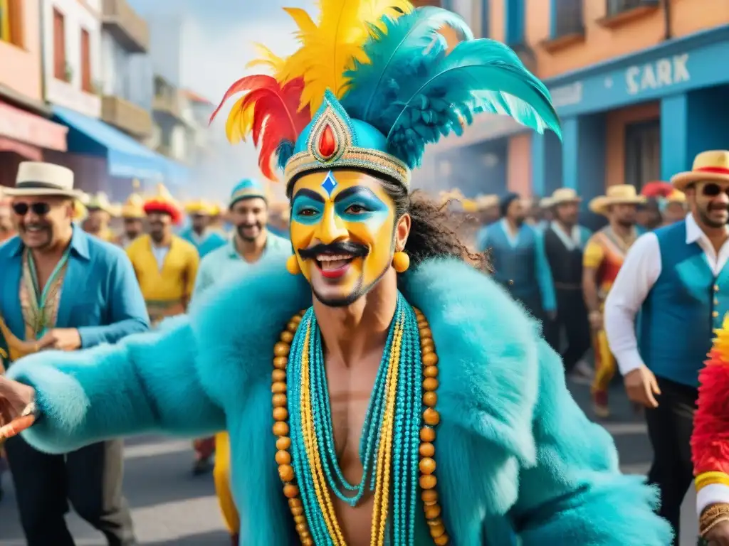 Vibrante Carnaval en Uruguay con bailarines y carros coloridos