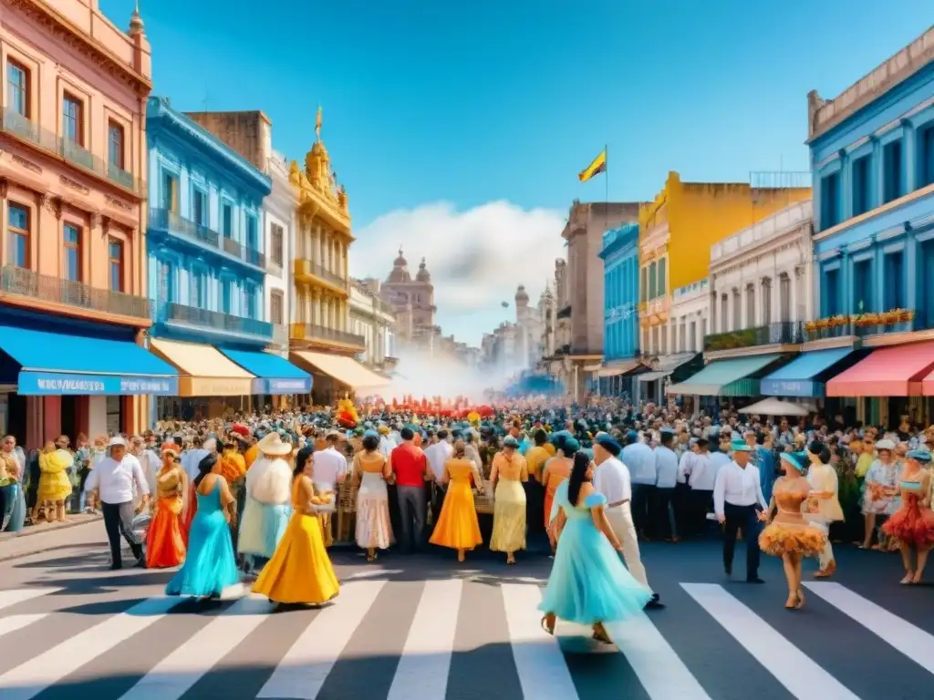 Celebración vibrante del Carnaval en Montevideo con bailarines, espectadores y deliciosos alfajores