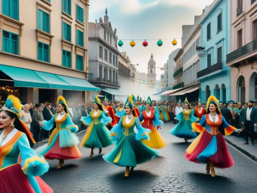 Vibrante Carnaval en Montevideo, Uruguay: desfile de bailarines y espectadores en las calles empedradas