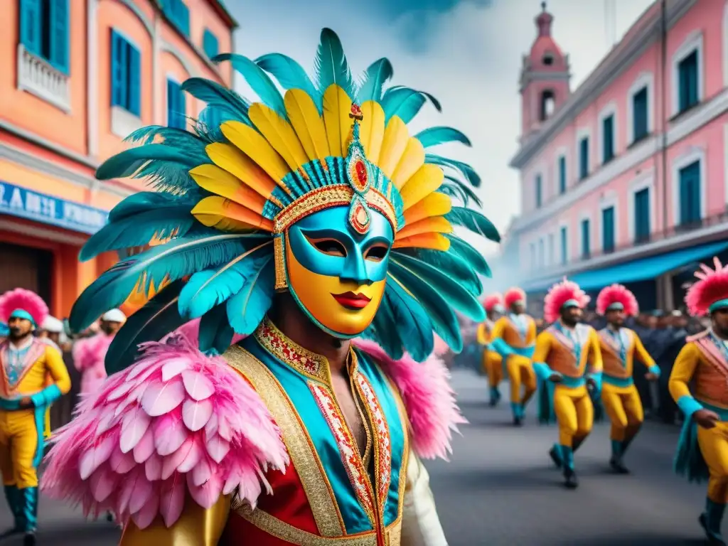 Vibrante carnaval en Uruguay: bailarines con trajes espectaculares y carros alegóricos, en un desfile colorido