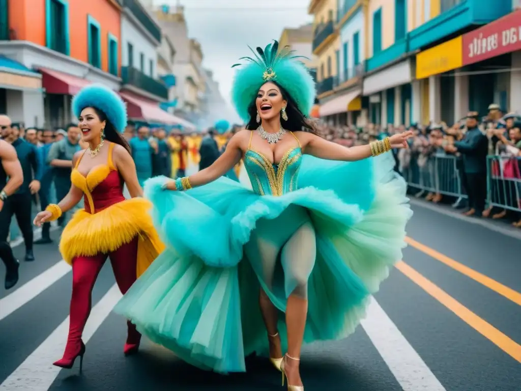 Un vibrante Carnaval en Montevideo con carrozas, bailarines y espectadores alegres