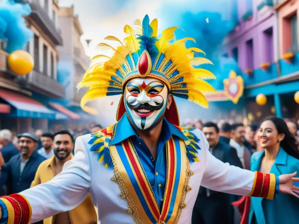 Un vibrante Carnaval en Montevideo con carrozas detalladas, bailarines y multitud animada