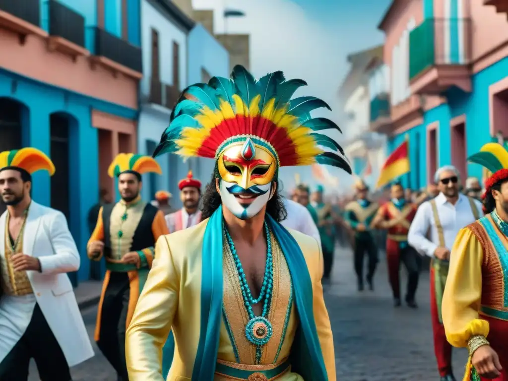 Vibrante ilustración acuarela del Carnaval en Uruguay con colaboraciones internacionales y coloridos trajes tradicionales