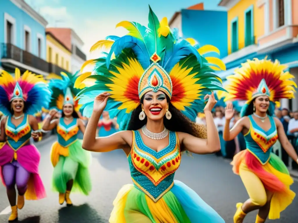 Vibrante ilustración acuarela del Carnaval en Uruguay, con colores festivos y danzas alegres