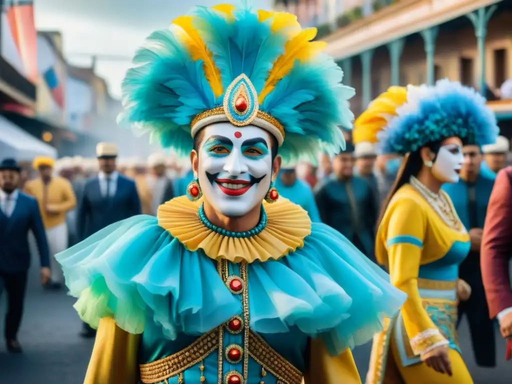 Vibrante procesión de carnaval en Uruguay: comparsas coloridas y alegres danzando por las calles, con impacto en la identidad uruguaya